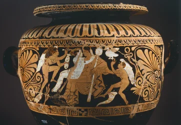 Stamnos (recipiente de armazenagem de líquidos), detalhe mostrando Dionísio e Ariadne. Cerâmica de algarismos vermelhos de Porano (Úmbria). Civilização Etrusca, Século IV a.C.