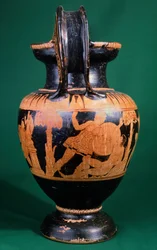 Krater volute do pintor de Mainz, retratando uma luta entre um guerreiro e uma amazona. Cerâmica de algarismos vermelhos. Civilização Etrusca, Século IV a.C.