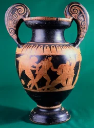 Krater volute do pintor de Mainz, retratando um guerreiro e uma amazona. Cerâmica de algarismos vermelhos. Civilização Etrusca, Século IV AC.