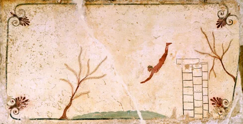 mergulhador, cerca de 480-490 a.C., fresco decorativo da laje de cobertura do Túmulo do Mergulhador em Paestum, Campânia, Itália, século V a.C.