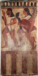 Arte Etrusca: Placa pintada em terracota chamada Plaque Campana: um arqueiro, uma asa de génio com uma figura feminina (Cerveteri (Itália), século VI a.C.). Paris, Musee Du Louvre