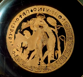 Civilização etrusca: detalhe de uma kylix representando Ariane (Ariadne) e Dionysus. Dos veteranos das Necrópoles Falerii. Roma, Villa Giulia