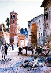 Figuras em uma Praça Romana por um Arco (aquarela)