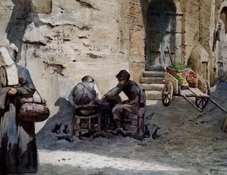 Velhas casas medievais em Lungaretta por Ettore Roesler Franz (1845-1907), aguarela da série Roma Desaparecida, Detalhe, Itália