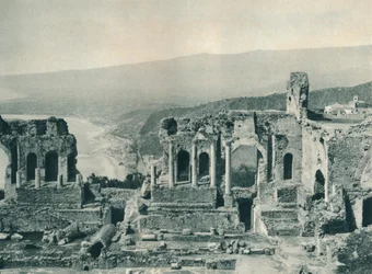 Palco e camarim do Teatro Grego, Taormina, Sicília, Itália, 1927