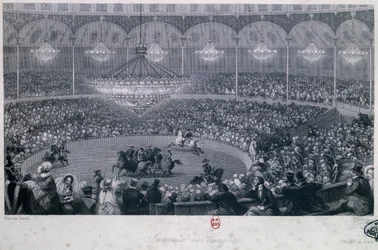 Espectáculo de cavalos no circo Franconi, Champs Elysees, Paris, Eugene Louis Lami (1800-1890), gravado por Charles Mottram (1807-1876) retirado do Verão e Inverno em Paris