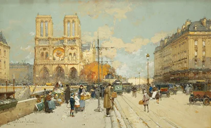 Figuras em uma ensolarada rua parisiense, Notre Dame à esquerda