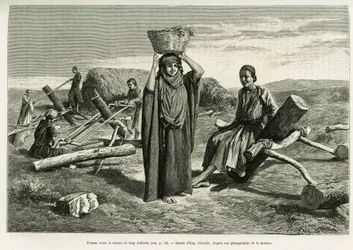 Mulher árabe e serradores de dez longos foulis. Gravura de Eugene Girardet, para ilustrar a história A Suse