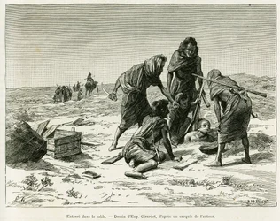 Enterrar na areia. Gravura de Eugène Girardet para ilustrar o relato Cinco meses entre os mouros nómadas do Saara Ocidental, em 1887, de Camille Douls, em Le Tour du monde 1888, sob a direção de Édouard Charton (1807-1890), Hachette, Paris.