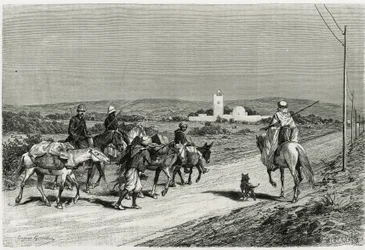 O nosso reboque está em movimento. Gravado por Eugene Girardet, para ilustrar a história "Voyage en Tunisie", do historiador René Cagnat (1852-1937) e Henri Saladin (1851-1923), arquiteto, encomendado em 1882-1883, pelo Ministério da Instrução Pública. Pub