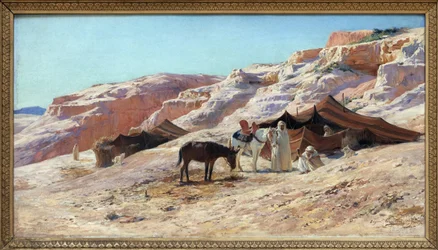 O Campo, Pintura a óleo sobre tela por Eugene Girardet (1853-1907), acampamento de um grupo de viajantes árabes (beduínos) numa paisagem de dunas. Dim. 50x60 cm. Fotografia, KIM Youngtae, Nantes, Musee des Beaux Art de Nantes.