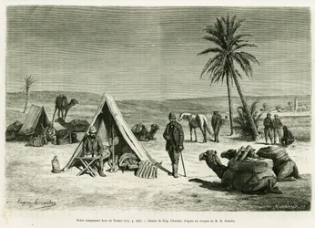 Acampamento de viajantes nos arredores de Tozeur. Gravura de Eugene Girardet para ilustrar a história Voyage en Tunisie, de R.Cagnat e H.Saladin, em le tour du monde 1886, dirigido por Edouard Charton (1807-1890), Hachette, Paris.