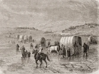 Um trem de vagões rumo ao oeste na década de 1860, gravado por Stephane Pannemaker (1847-1930)