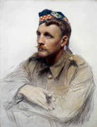 Primeira Guerra Mundial: "Retrato de um soldado escocês durante a Grande Guerra" Desenho de Eugene Bornand (1850-1921) Paris do século XX, Museu da Legião d
