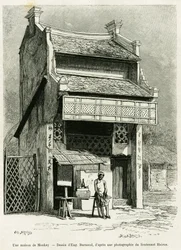 Uma casa Monkay. Gravura de Eugene Burnand, para ilustrar a história Sur les frontières du Tonkin, do Doutor P.Neiss, no tour du monde 1888, dirigido por Edouard Charton (1807-1890), Hachette, Paris.