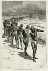 Coluna de portadores através dos arrozais, entre Bassac e Hue, gravada após um desenho de Eugene Burnand, para ilustrar a história sobre o Laos e as populações selvagens da Indochina, pelo Dr. Harmand, em 1877, publicada no tour du monde, sob o título dire
