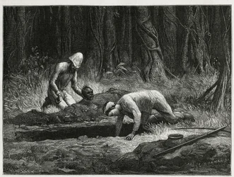 Dr. Harmand e seu ajudante Annamite, realizando exumações clandestinas de enterros Khas, em Attopeu (Laos), gravada por Eugene Burnand, para ilustrar a história do Laos e das populações selvagens da Indochina pelo Dr. Harmand, em 1877, publicada no tour du