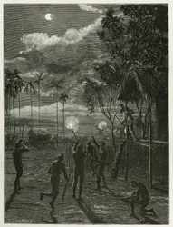 Dr. Harmand desperta no meio da noite pelo ruído das espingardas dos indígenas Khas, disparando sobre a lua sujeita a um eclipse, em Attopeu (Laos), gravado por Eugene Burnand, para ilustrar a história do Laos e das populações selvagens do Indo