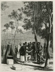 Dr. Harmand procede a medições antropológicas sobre os indígenas Khas, um Attopeu (Laos), gravado por Eugene Burnand, para ilustrar a história do Laos e as populações selvagens da Indochina pelo Dr. Harmand, em 1877, publicado no tour du monde, sob