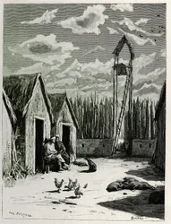Praça Missionária em Meuong Ngan. Gravura de Eugene Burnand, para ilustrar a história "Jornada no Alto Laos", em 1880, pelo Dr. P.Neis. Publicado em Le Tour du monde, nouveau journal des voyages, 2º semestre de 1885, editado por Edouard Charton (1807-1890)
