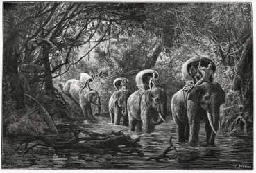 No caminho para a floresta, a expedição viaja na parte de trás de um elefante. Gravura de Eugene Burnand, para ilustrar a história "Viagem no Alto Laos", em 1880, pelo Dr. P.Neis. Publicado em Le Tour du monde, nouveau journal des voyages, 2º semestre 18