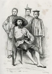 Retrato do autor, rodeia os seus companheiros de viagem. Gravura de Eugene Burnand, para ilustrar a história "Journey in Upper Laos", de 1880, do Dr. P.Neis. Publicado em Le Tour du monde, nouveau journal des voyages, 2º semestre de 1885, editado por Edou