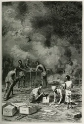 A secagem das plantas de herbário, em grandes argilas de bambu, antes que o médico as classifique e as armazene nas suas caixas, gravada por Eugene Burnand, para ilustrar a história do Laos e das populações selvagens da Indochina pelo Doutor Harmand, em 18