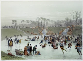 Patinadores na litografia do Bois de Boulogne de Eugene Guerard
