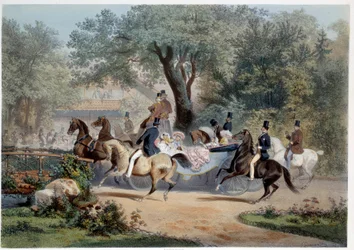 Cena de promenade au Pre Catelan (Pré-Catelan) à Paris Litografia de Eugene Guerard (1821-1866) Paris do século XIX, Musee Carnavalet