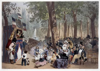 O show dos guignols nos Campos Elísios em Paris, no século XIX. Gravuras de Eugene Guerard (1821-1866) Paris do século XIX, Musee Carnavalet