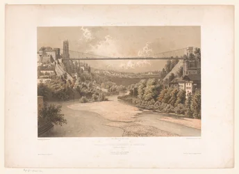 Gezicht op de hangbrug over de Sarine, te Fribourg
Suíça, Savoy e Tyrol / Perfil da ponte suspensa em Fribourg (Cantão de Fribourg) (título sobre o objecto)