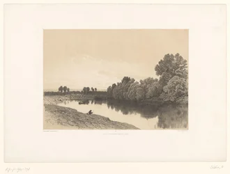 Paisagem fluvial com pescadores à luz da noite Paisagens pitorescas (título da série) Croquis pittoresques (título da série no objeto)