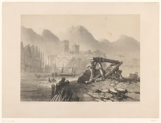 Paisagem de Cityscape com porto e montanhas
