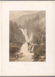 Caminhantes com vista para a cascata de Reichenbach
Chûte inférieure du Reichenbach (título sobre o objecto)
Vistas da Suíça e da Sabóia (título da série)
La Suisse et la Savoie (título da série sobre o objecto)