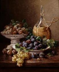Natureza-morta de uvas, ameixas e vinho. Pintura de Eugene Claude (1841-1923) Coleção particular.