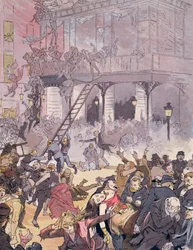 Incêndio na Ópera Comique, 25 de maio de 1887 (lito a cores)