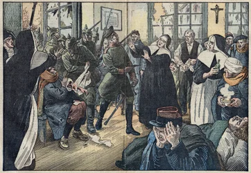 1914, Primeira Guerra Mundial: Amelie Rigard, conhecida como Irmã Julie, defende os feridos do seu hospital contra os soldados alemães. Gerbeviller, Meurthe e Moselle (54). Ilustração de Damblans. Em "Le Pelerin" de 17 de maio
