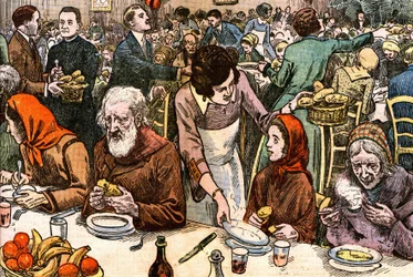 Um banquete para os pobres (caridade - comitê de caridade - alívio católico - sopa - senhora padroeira). No dia de Natal de 1927, o Cardeal Ferrari (dirigido em Paris pela Abbe Rivota) organiza uma missa para os pobres, seguida de um banquete coberto de 20
