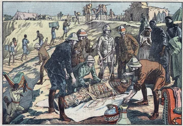 Uma missão inglesa, comissionada por Earl Byron de Prorok (1896-1954), arqueólogo, descobriu o túmulo de Tin-Hahan no Hoggar. Ilustração de Damblans. Em "Le Pelerin", de 20 de dezembro de 1925.