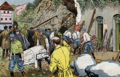 Corpo do general americano Dunlop morto porque resgatou a Sra. Briant sob o colapso dos prédios do castelo de Fariniere (França) desenhados por Damblans a partir do jornal francês "Le Pelerin" de 7 de junho