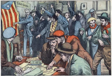 Os separatistas catalães estão a preparar a sua trama em Paris. Ilustração de Damblans. Em "Le Pelerin" de 28 de Novembro