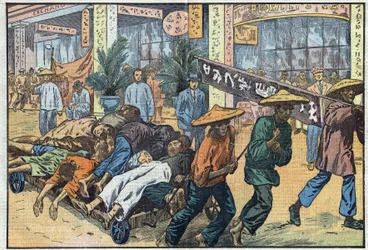 Guerra civil entre nacionalistas e comunistas na China: após os tumultos comunistas em Cantão, os cadáveres das vítimas são amontoados em carroças. Ilustração de Damblans. Em «Le Pèlerin» de 4 de março