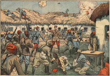 As tropas coloniais destravaram o posto de Aoulay (Aoulai) em Marrocos sob o comando do Capitão Duboin. Ilustração de Damblans. Em "Le Pelerin" de 7 de junho