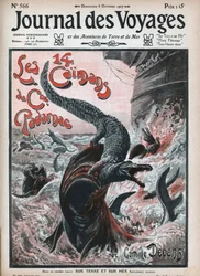 Crocodilos devorados por tubarões. Ilustração de Damblans "Os catorze jacarés do Capitão Padarnac" de Camille Debans (1834-1910). Um jornal. Gravação no "Journal des Voyages" de 1907.
