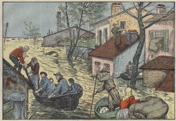 Inundações na Louisiana (EUA): Em frente às ondas ameaçadoras do Mississippi, agricultores e caçadores são forçados a abandonar as suas casas e campos. Ilustração de Damblans. Em "Le Pelerin" de 15 de maio