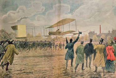 Henri Farman (1874-1958) em Issy-les-Moulineaux em seu avião o Voisin-Farman 1, ilustração de &39;Le Pelerin&39; novembro de 1907