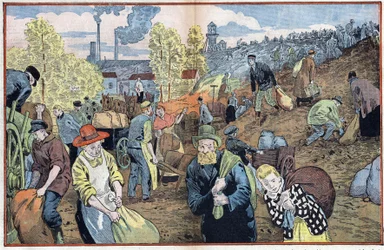 Os caçadores procuram por pedaços de carvão entre as pedras extraídas das minas para se aquecerem durante o inverno. Região de Rhur, Alemanha. Ilustração de Damblans. Em "Le Pelerin" de 4 de outubro