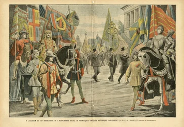Ilustração de Eugene Damblans (1865-1945) em Le Pelerin, 06/08/05 - Por ocasião do 70º aniversário da independência da Bélgica, magníficos cortejos históricos percorrem a cidade de Bruxelas - Bélgica, História, Bandeiras, Bruxelas, Comemoratio