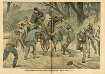 Ilustração de Eugene Damblans (1865-1945) em Le Pelerin, 31/01/04 - Grevistas agrícolas atacam o registro de uma propriedade de M. Sere de Riviere - Social, Vários fatos, Greve, Transporte, Agricultura, Floresta, Caleche Fiacre Cab - Operário, Cavalos de C
