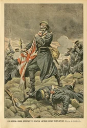 Ilustração de Eugene Damblans (1865-1945) em Le Pelerin, 01/01/05 - Um cabo russo rasgando uma bandeira japonesa em frente a Port Arthur - Rússia, Japão, Port Arthur, Guerra Russo-Japonesa, Combate, Espingardas - Soldados, Cabo
